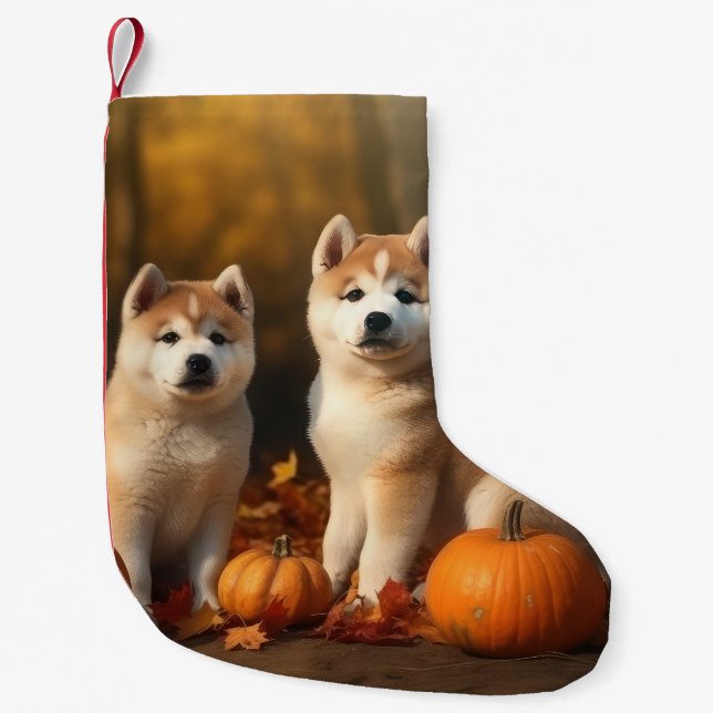 Akita Puppy Autumn Delight Pumpkin Small Christmas Stocking (Front)