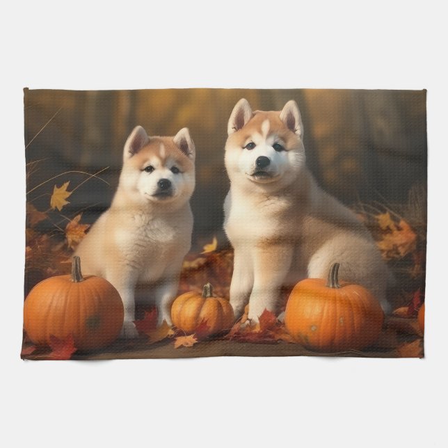 Akita Puppy Autumn Delight Pumpkin Tea Towel (Horizontal)