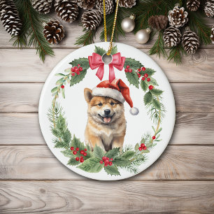 Akita Puppy Dog Red Bow Holly Wreath Ceramic Tree Decoration