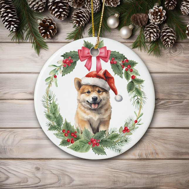 Akita Puppy Dog Red Bow Holly Wreath Ceramic Tree Decoration (Creator Uploaded)