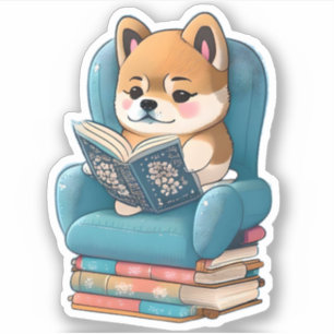 Akita puppy reading a book