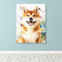 Akita Shiba Inu Dog with Blue Watercolor Flowers