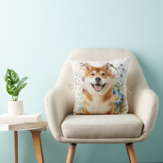 Akita Shiba Inu Dog with Blue Watercolor Flowers Cushion