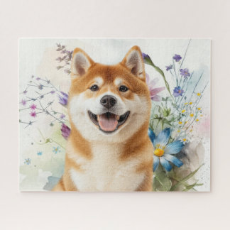 Akita Shiba Inu Dog with Blue Watercolor Flowers Jigsaw Puzzle