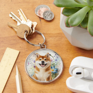 Akita Shiba Inu Dog with Blue Watercolor Flowers Key Ring