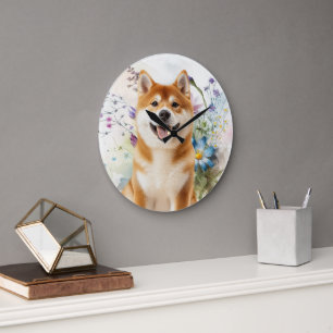 Akita Shiba Inu Dog with Blue Watercolor Flowers Large Clock