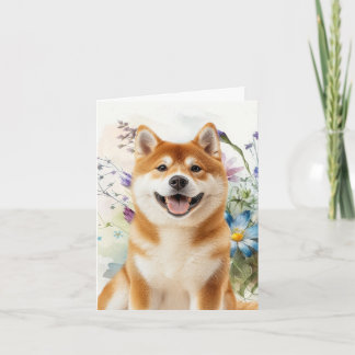 Akita Shiba Inu Dog with Blue Watercolor Flowers Note Card