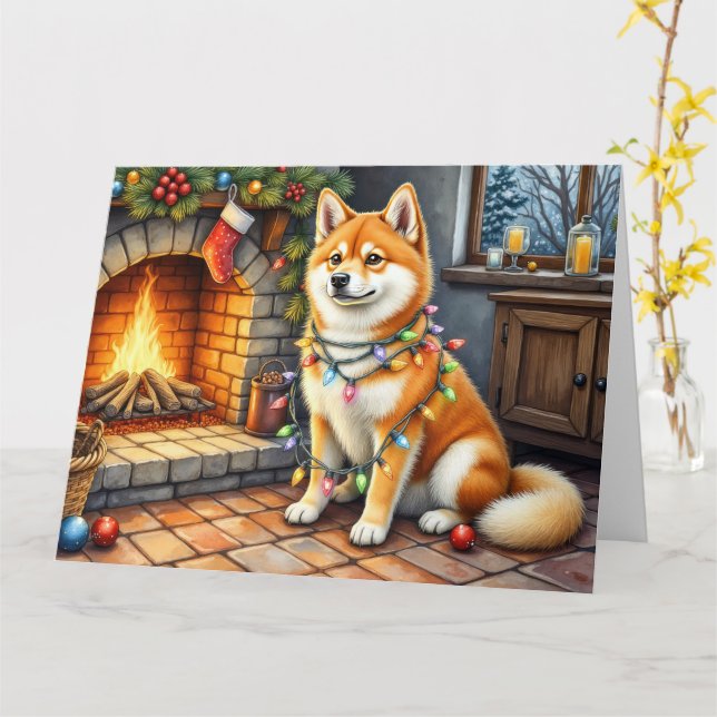 Akita Sitting by Fireplace with Christmas Lights Card (Yellow Flower)