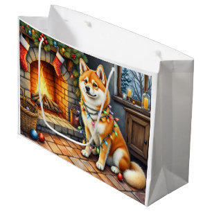 Akita Sitting by Fireplace with Christmas Lights Large Gift Bag