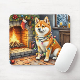 Akita Sitting by Fireplace with Christmas Lights Mouse Pad