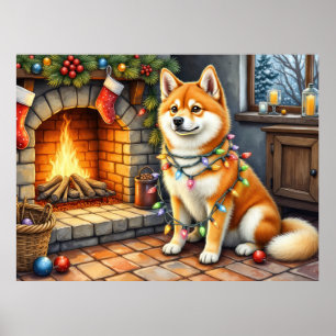Akita Sitting by Fireplace with Christmas Lights Poster