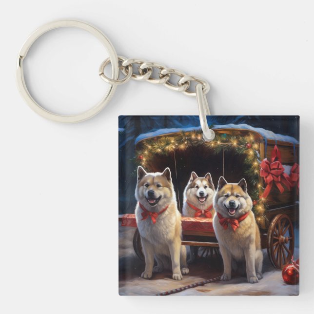 Akita Snowy Sleigh Ride Christmas Decor Key Ring (Front)