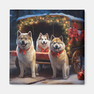 Akita Snowy Sleigh Ride Christmas Decor Magnet