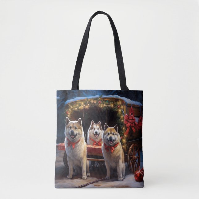 Akita Snowy Sleigh Ride Christmas Decor Tote Bag (Front)