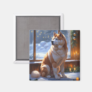 Akita With Christmas Lights Holiday Magnet