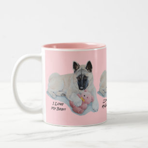 akita with pink teddy bear dog portrait art Two-Tone coffee mug