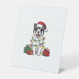 Akita Xmas Lighting Santa Hat Akita Dog Christmas Pedestal Sign