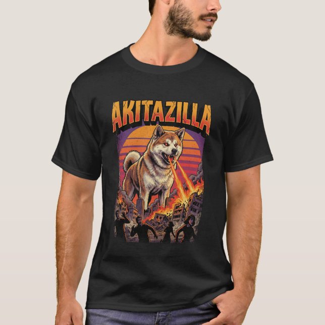 Akitazilla Giant Akita Dog Monster Movie Parody T-Shirt (Front)