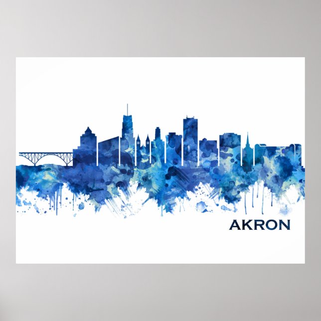 Akron Ohio Skyline Blue Poster (Front)