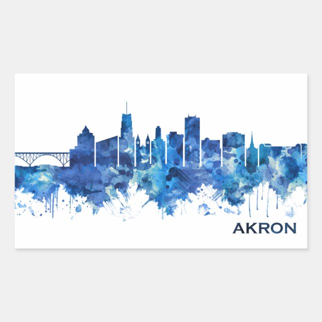 Akron Ohio Skyline Blue Rectangular Sticker (Front)