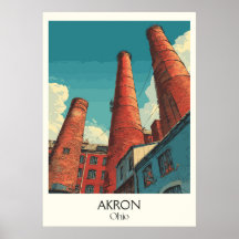 Akron Ohio Travel Poster Vintage City Skyline Art