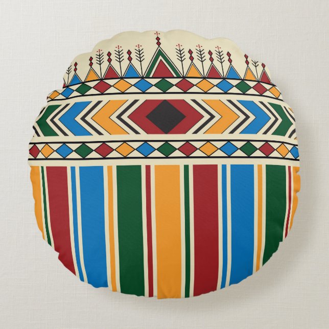 Al-Qatt Al-Asiri inspired geometric pattern. Round Cushion (Front)
