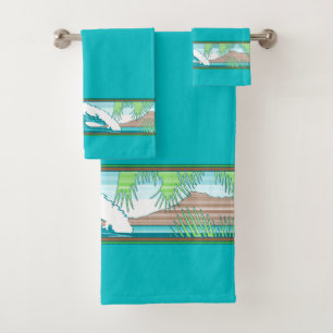 Ala Moana Diamond Head Hawaiian Surf Sign - Aqua Bath Towel Set