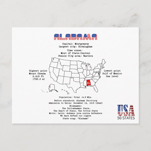 Alabama American state on a map and useful info Holiday Postcard (Front)
