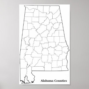 Alabama Counties Blank Outline Map Poster