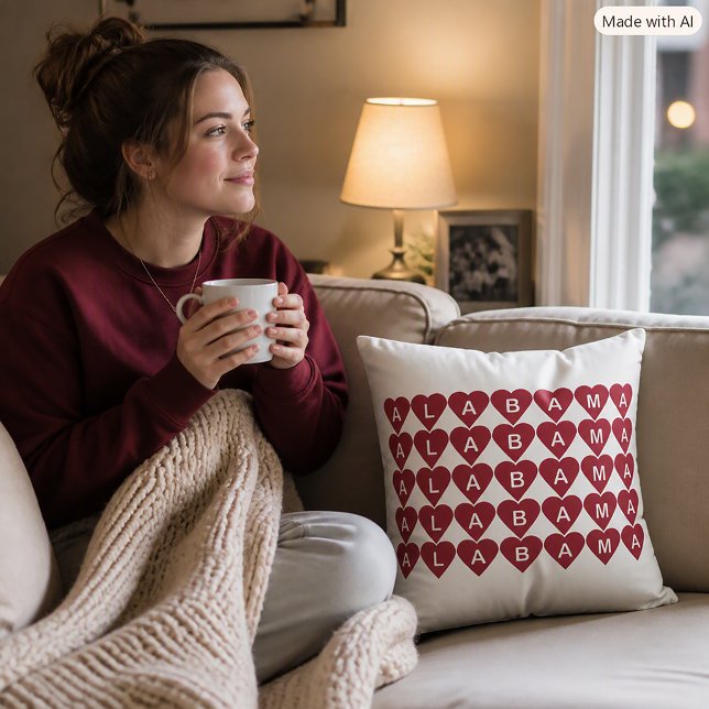Alabama Crimson Red Hearts Grid Pattern Cushion (A throw pillow with a red heart pattern that spells Alabama.)