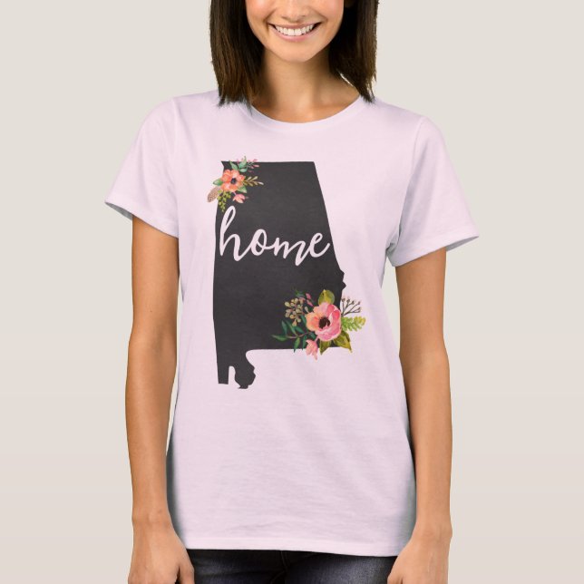 Alabama Home Chalkboard Watercolor Flowers State T-Shirt (Front)