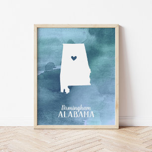 Alabama Map Blue Watercolor Personalised Art Poster