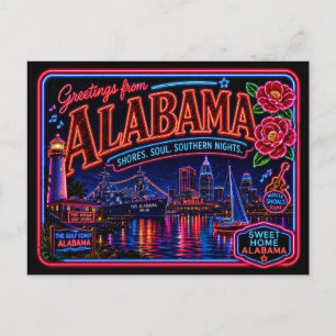 Alabama Neon State Retro Vintage Postcard