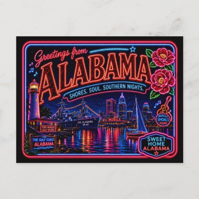 Alabama Neon State Retro Vintage Postcard (Front)