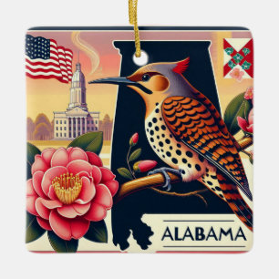 Alabama Northern Flicker Bird & Camellia Flower Ceramic Ornament