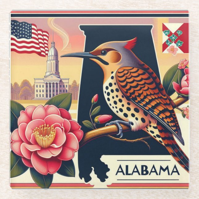 Alabama Northern Flicker Bird & Camellia Flower Glass Coaster (Front)