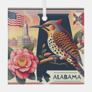 Alabama Northern Flicker Bird & Camellia Flower Glass Tree Decoration
