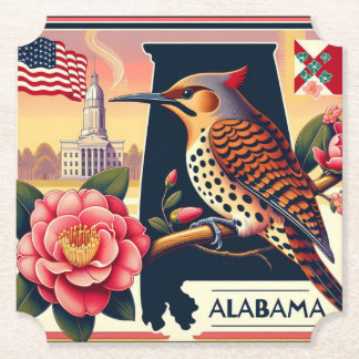 Alabama Northern Flicker Bird & Camellia Flower Paper Coaster