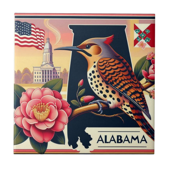 Alabama Northern Flicker Bird & Camellia Flower Tile (Front)