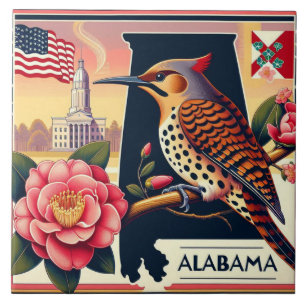 Alabama Northern Flicker Bird & Camellia Flower Tile