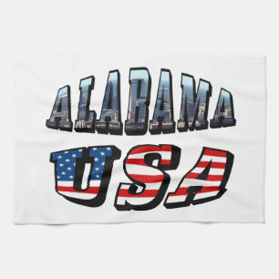 Alabama Picture and USA Flag Font Tea Towel