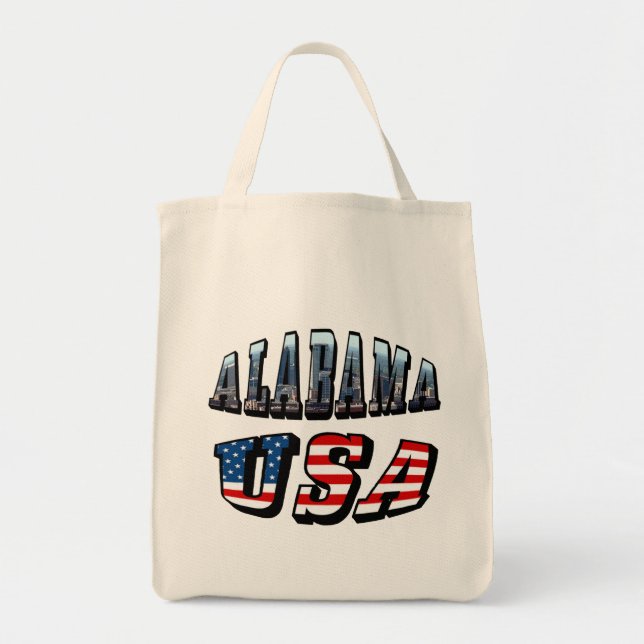 Alabama Picture and USA Flag Font Tote Bag (Front)