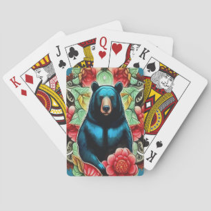 Alabama State Black Bear Surrounded by Camellia Playing Cards