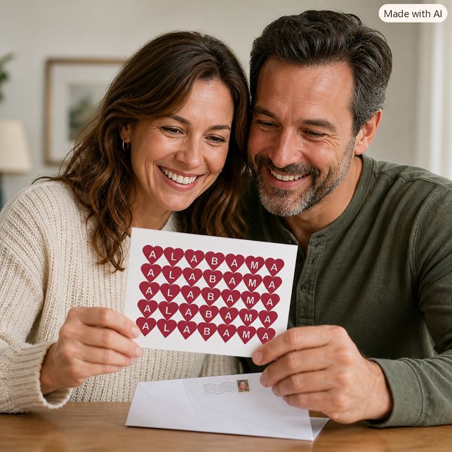 Alabama State Red Heart Pattern Postcard (A postcard with a pattern of crimson red hearts that spell out Alabama.)
