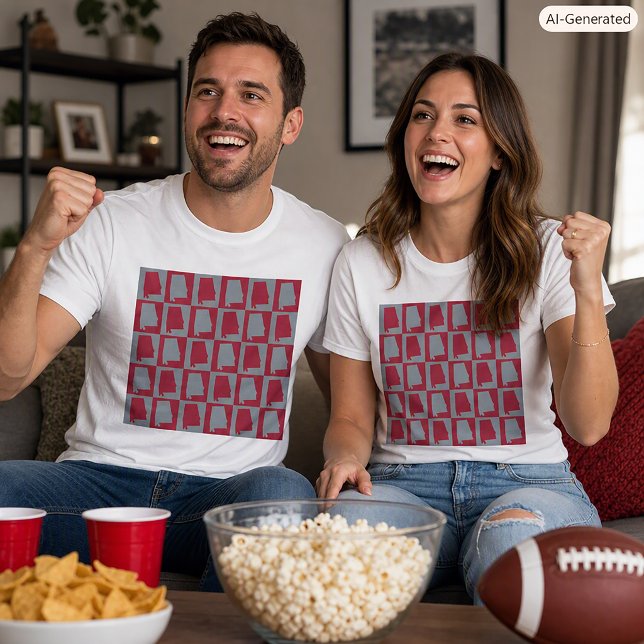 Alabama State Silhouette Chequered Pattern Red Gre T-Shirt (A tshirt with a red and gray pattern featuring the US state of Alabama)