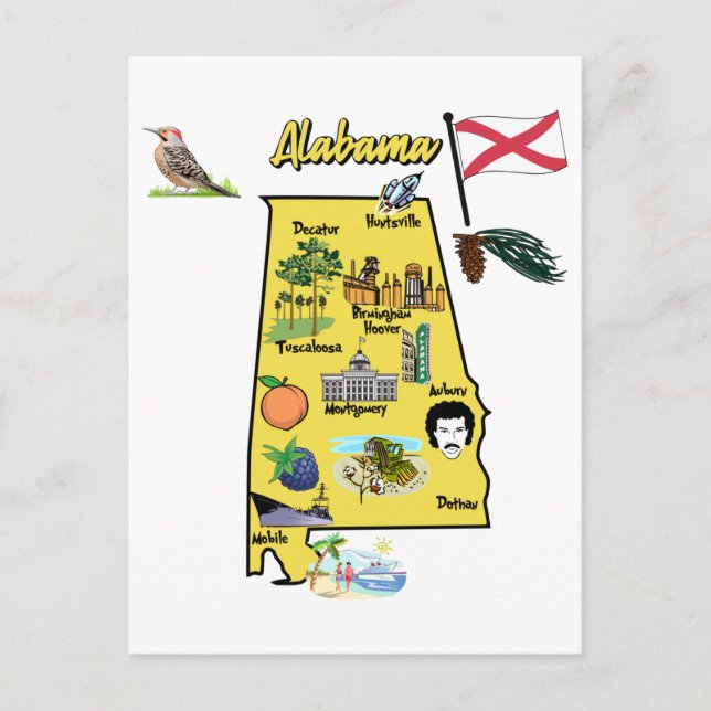 Alabama tourist map with landmarks postcard (Front)