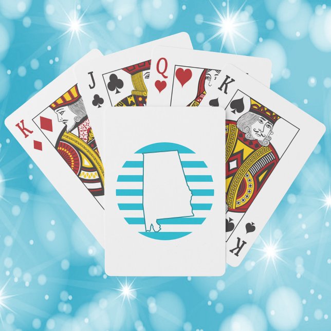Alabama US State Outline Retro Blue Circle Playing Cards (Playing cards with a design of the state outline of Alabama and a blue retro circle.)
