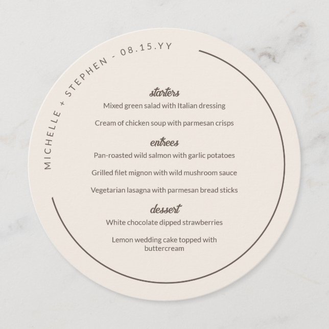 Alabaster & Brown Curved Names Round Menu (Front)