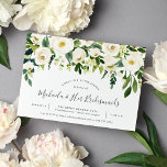 Alabaster Floral Bridesmaids Brunch Invitation<br><div class="desc">Chic floral bridesmaids brunch invitation features a top border of ivory roses and white peonies with lush botanical foliage and greenery. Personalise with your bridesmaid brunch details in modern hand lettered script and traditional sans serif lettering. Invitations reverse to rich jewel toned jasper green.</div>