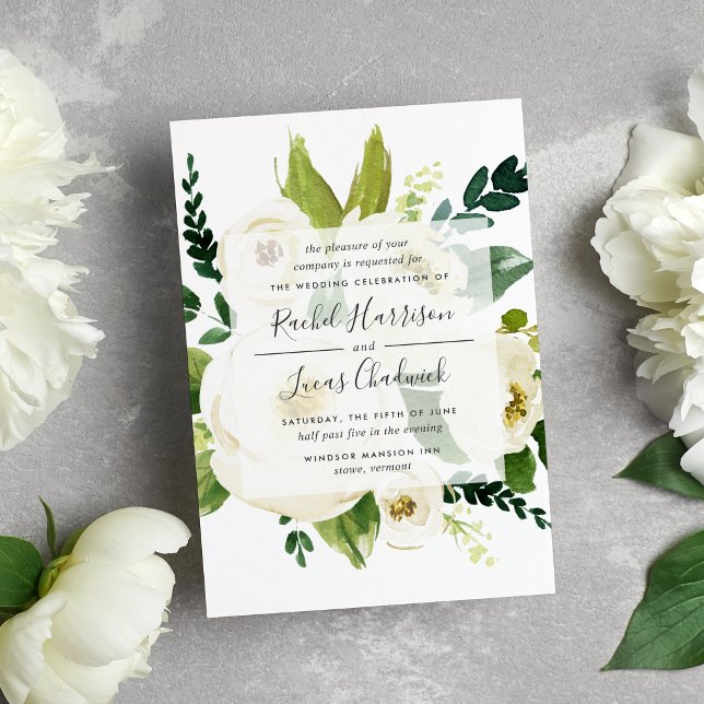 Alabaster Floral | Green & White Botanical Wedding Invitation